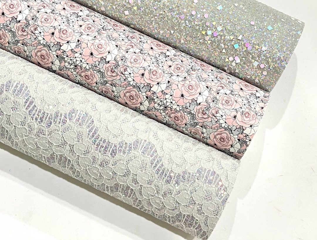 Pink and Grey Floral Glitter Leather Trio Bundle