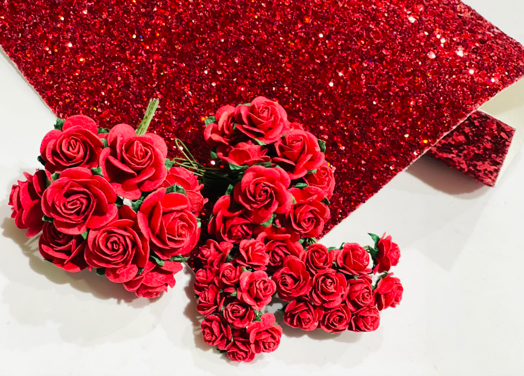 10 pièces/100 pièces fleurs en papier de mûrier-Roses à pétales arrondis de 1cm-rouge rubis 