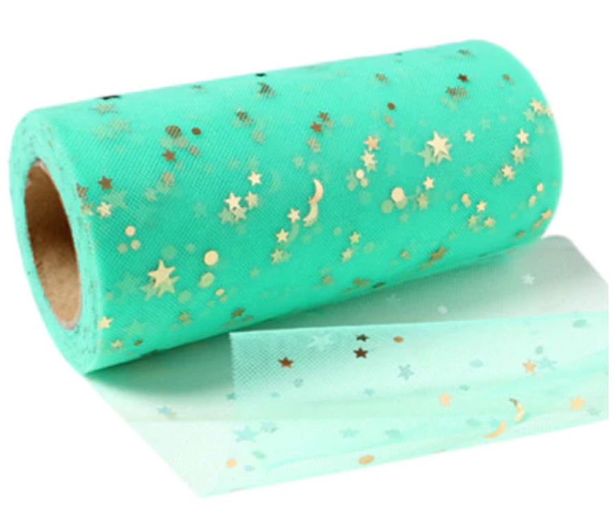 Mint with Gold Sequin Stars Glitter Tulle 15cm x 5 Yard LOT