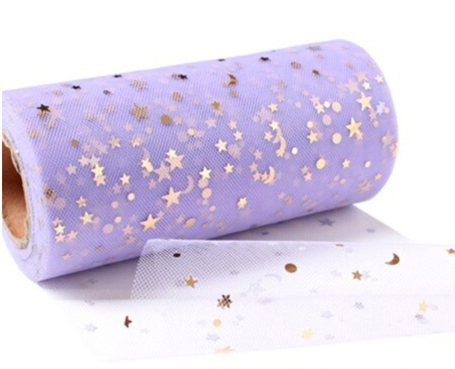 Tulle à paillettes violet clair avec étoiles à paillettes dorées, 15cm x 5 yards, LOT