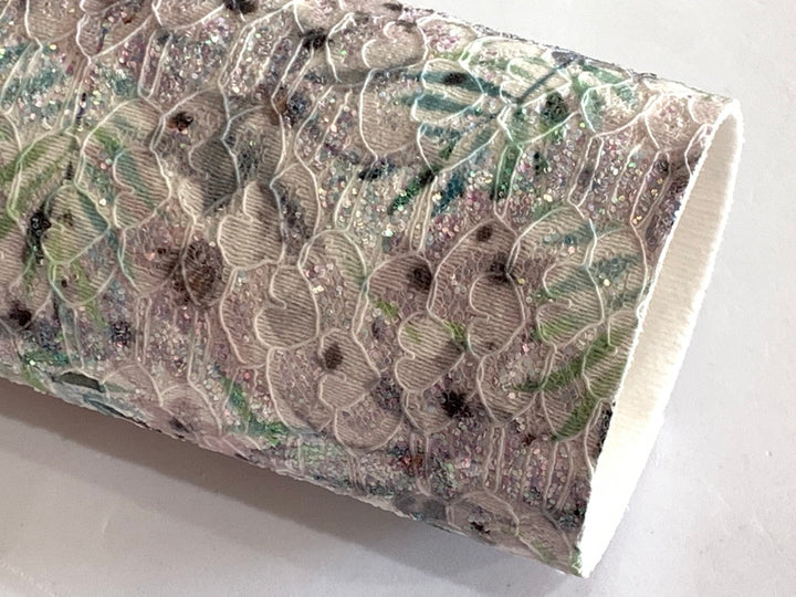 Feuille de tissu en dentelle à paillettes florales Summer Palm A4 - Paillettes en gris et verts