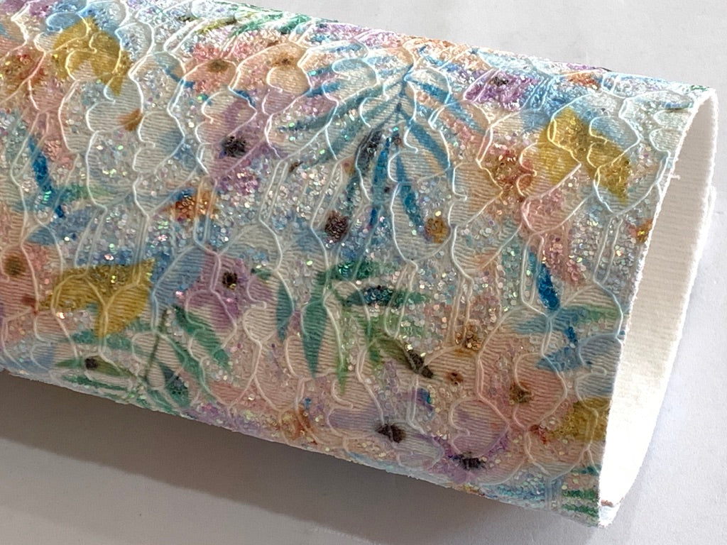 Summer Palm Floral Glitter Lace Fabric Sheet A4 - Glitter Aqua and Yellow