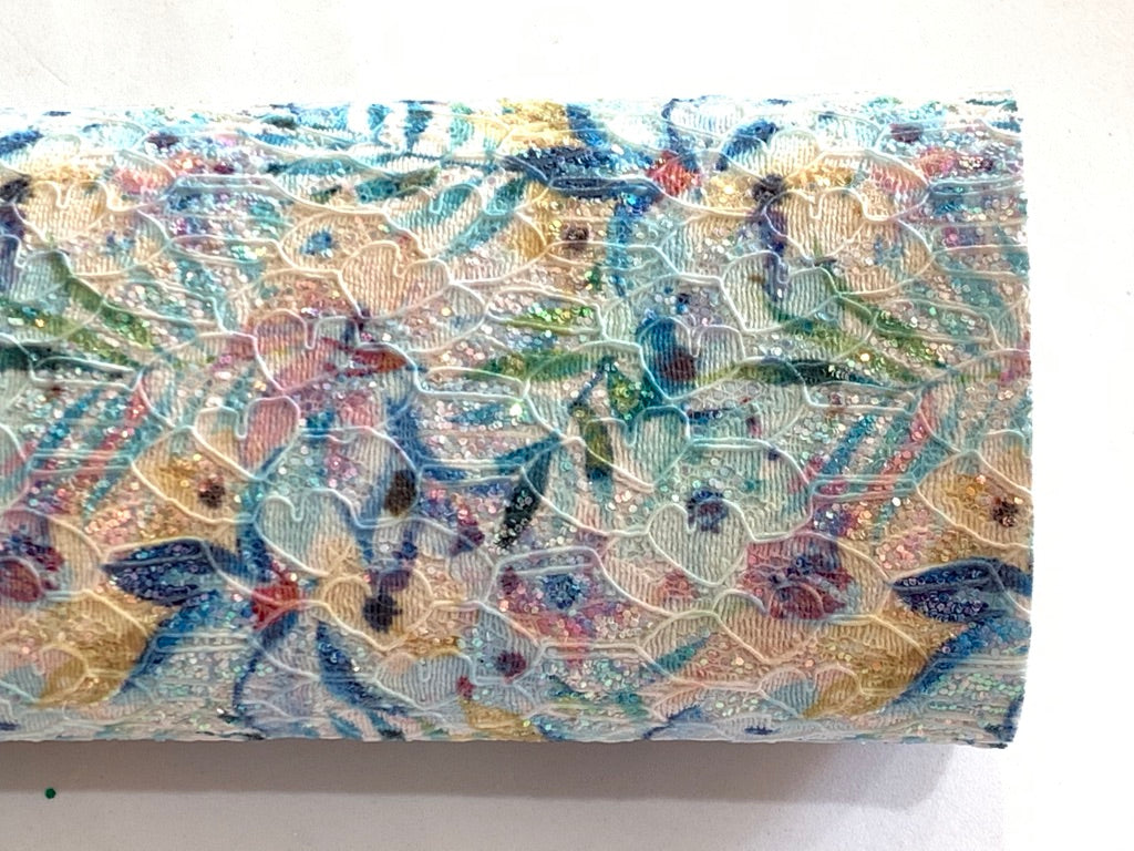 Feuille de tissu en dentelle pailletée florale Summer Palm A4 - Bleus pailletés