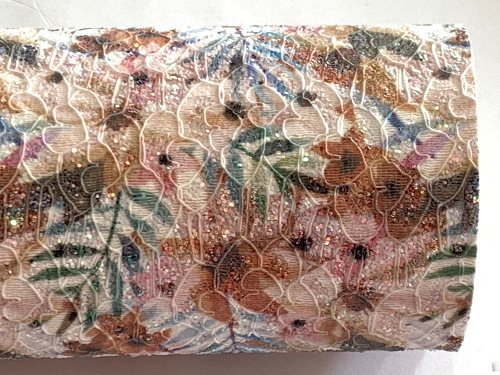 Summer Palm Floral Glitter Lace Fabric Sheet A4 - Glitter in Browns and Neutrals