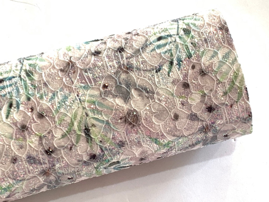 Summer Palm Floral Glitter Lace Fabric Sheet A4 - Glitter in Greys and Greens