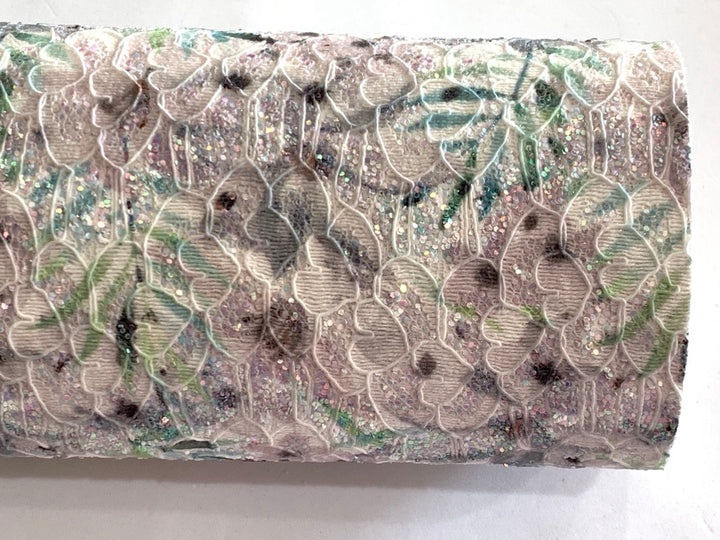 Feuille de tissu en dentelle à paillettes florales Summer Palm A4 - Paillettes en gris et verts