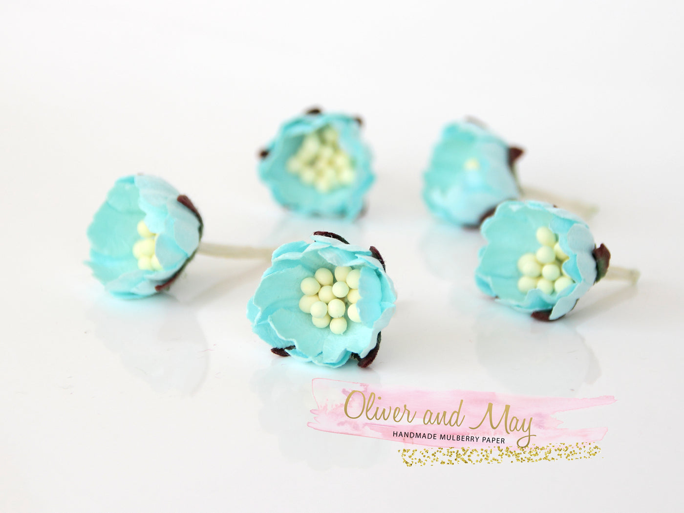 10 pcs Mulberry Paper Flowers - Wild Roses - Soft Turquoise