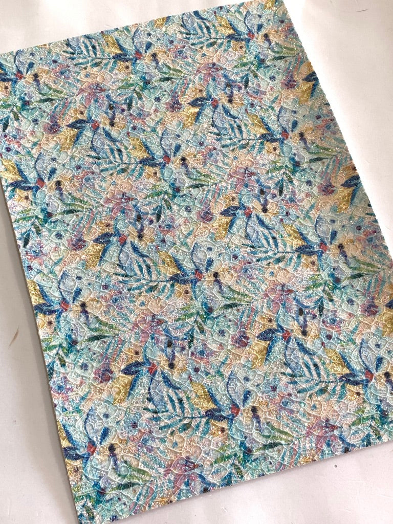 Feuille de tissu en dentelle pailletée florale Summer Palm A4 - Bleus pailletés