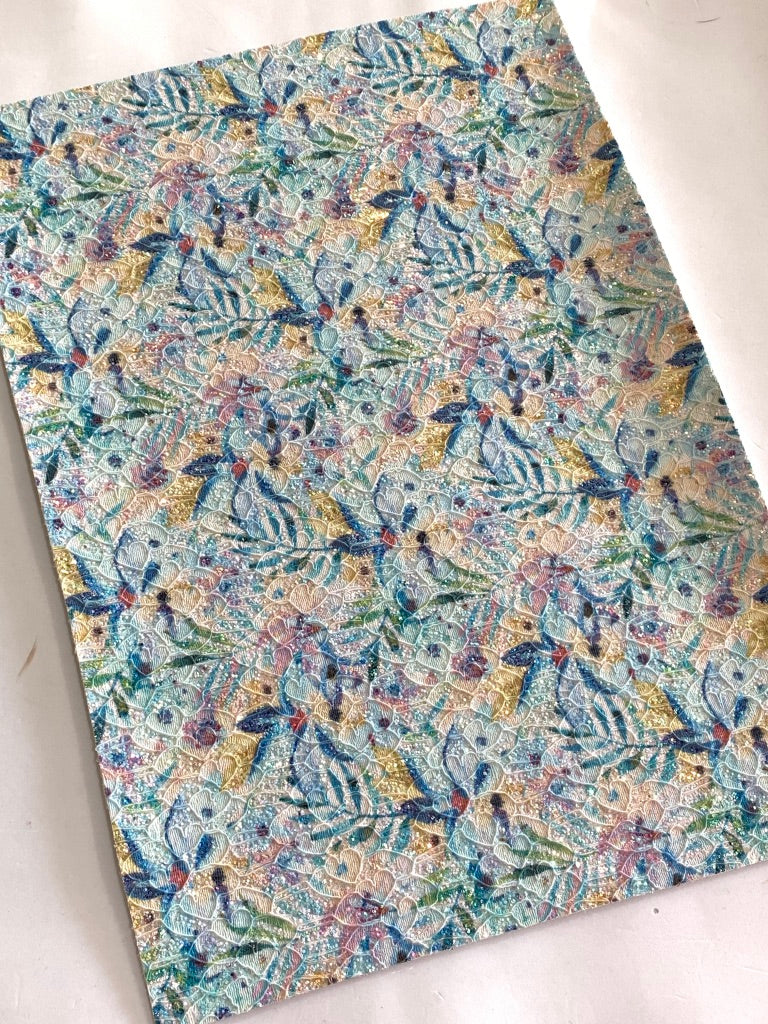 Summer Palm Floral Glitter Lace Fabric Sheet A4 - Glitter Blues