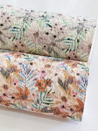 Summer Palm Floral Glitter Lace Fabric Sheet A4 - Glitter in Browns and Neutrals