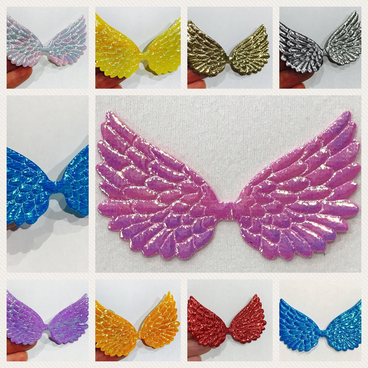 4 x Angel Wing Cabochon  Embellishments - Size Large 75mm x 45mm Metallic Iridescent Glitter Angel Wing Appliques