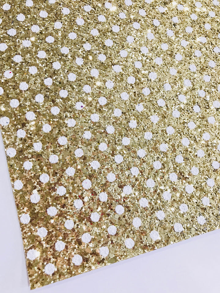 Feuille de tissu à pois dorés à paillettes avec points blancs – Or avec pois blancs
