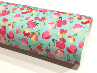 Aqua Pink Tulips Floral Double Sided Cotton Fabric Felt