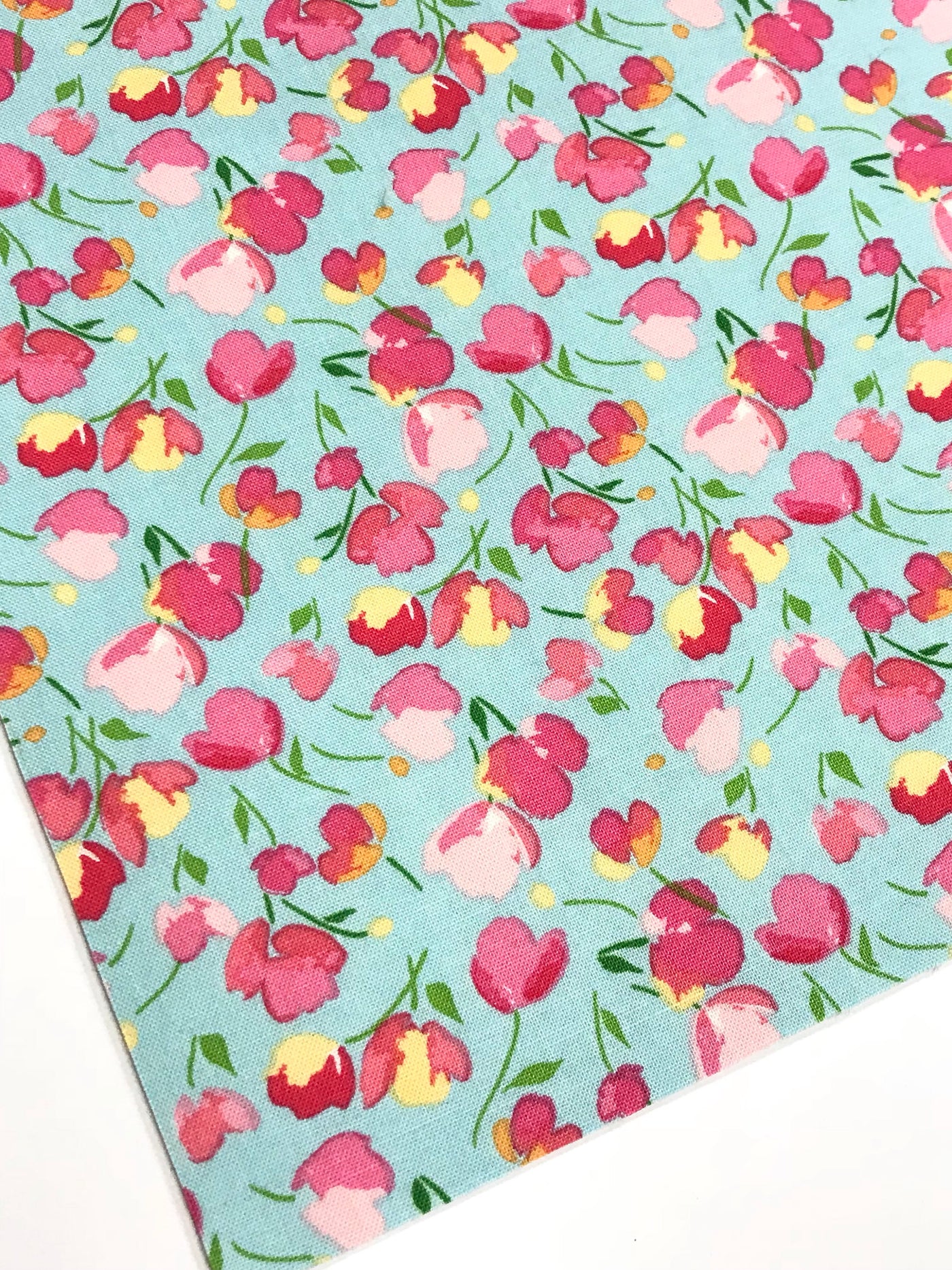 Aqua Pink Tulips Floral Double Sided Cotton Fabric Felt