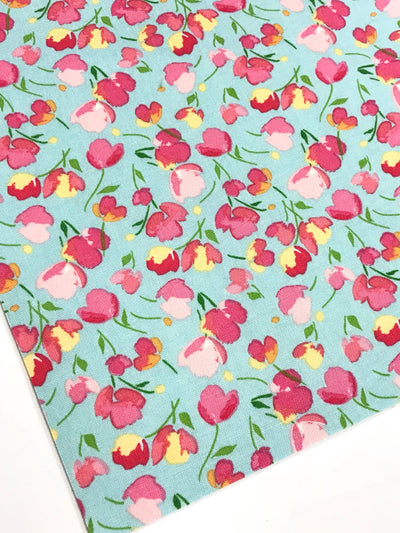 Aqua Pink Tulips Floral Double Sided Cotton Fabric Felt