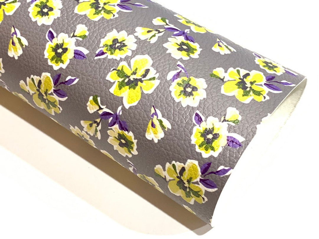 Grey Mustard Floral Print Faux Leather Fabric