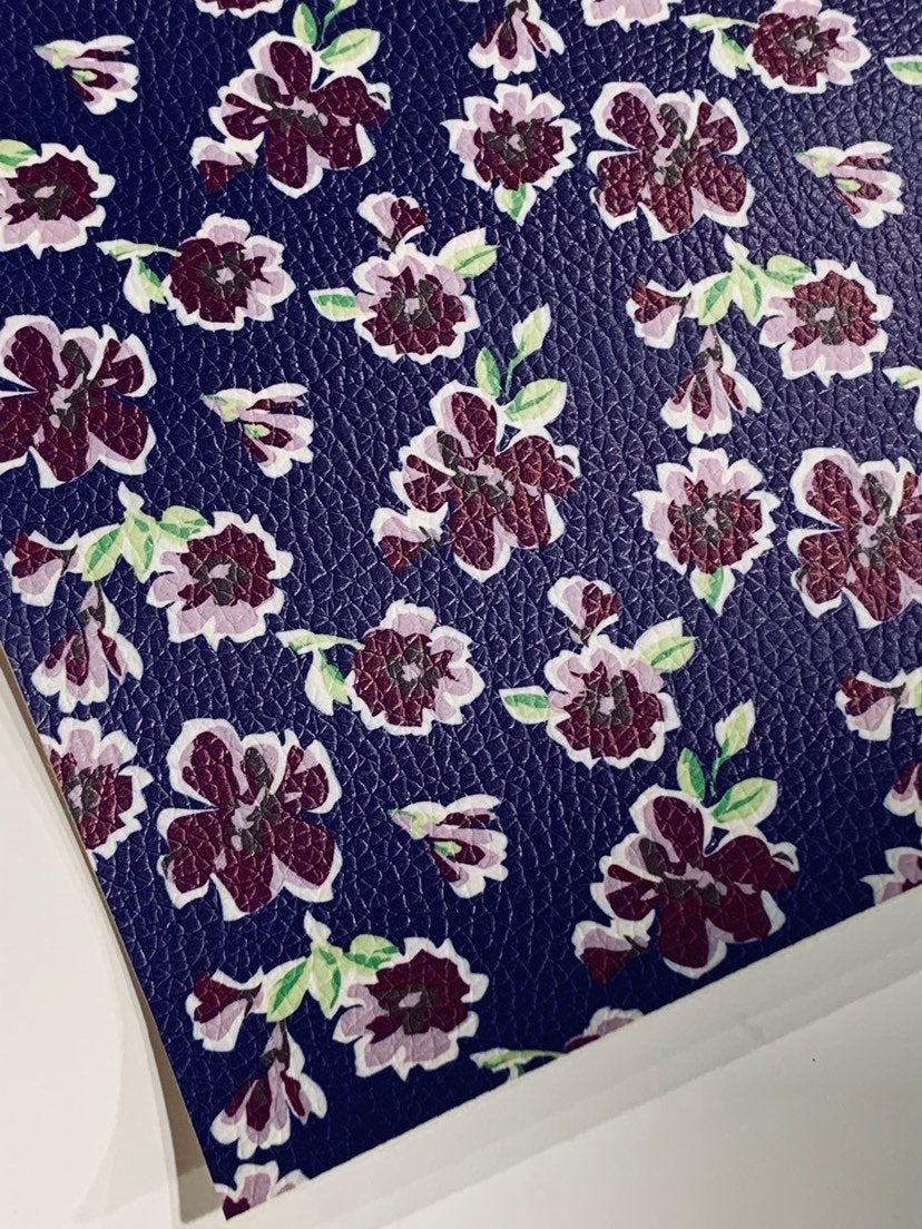 Navy and Plum Floral Print Faux Leather Fabric