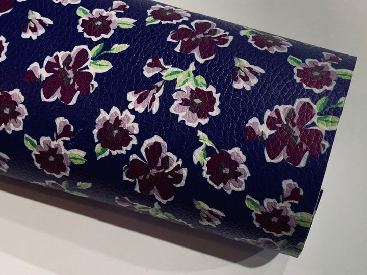 Navy and Plum Floral Print Faux Leather Fabric