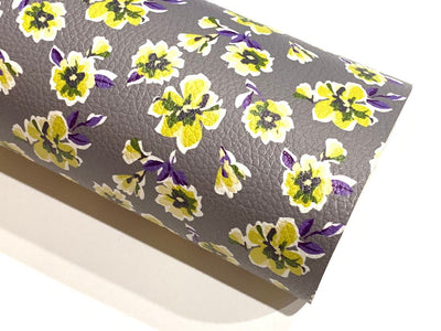 Grey Mustard Floral Print Faux Leather Fabric