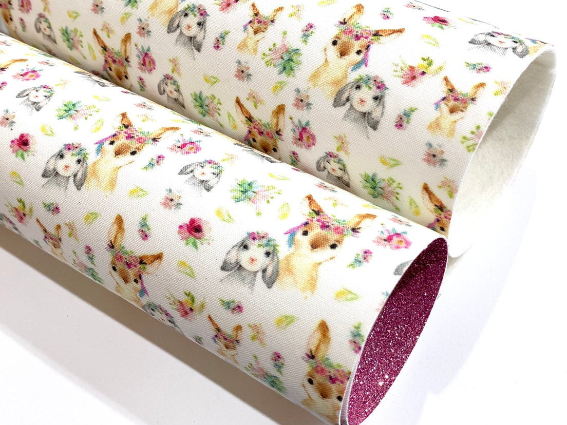 Floral Bunny Merino Wool Felt or Fine Glitter backed Fabric Sheets
