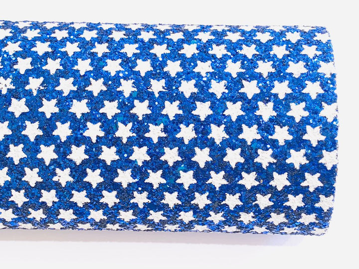 Royal Blue White Stars Chunky Glitter Fabric Sheet