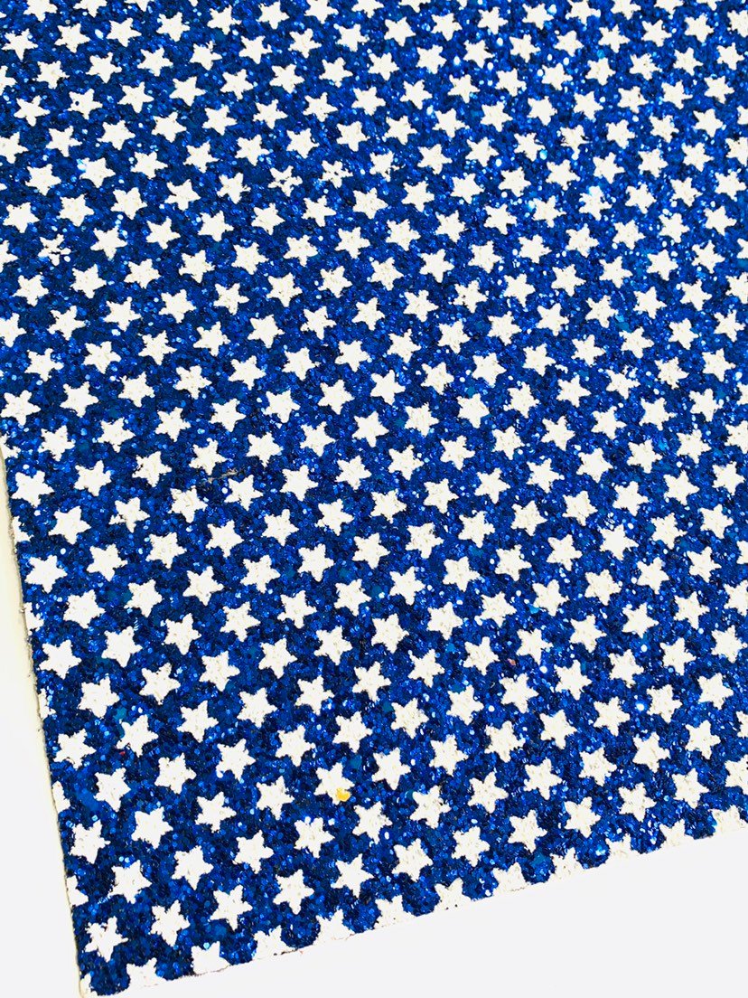 Royal Blue White Stars Chunky Glitter Fabric Sheet