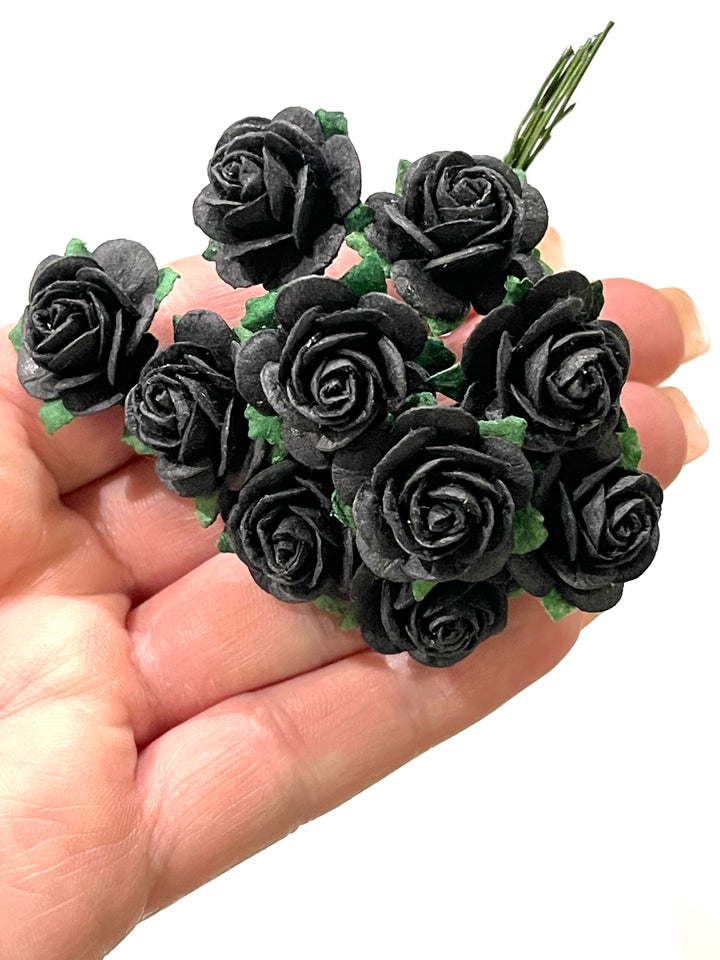 2cm Black Mulberry Paper Flowers -  Rounded Petal Roses - Black