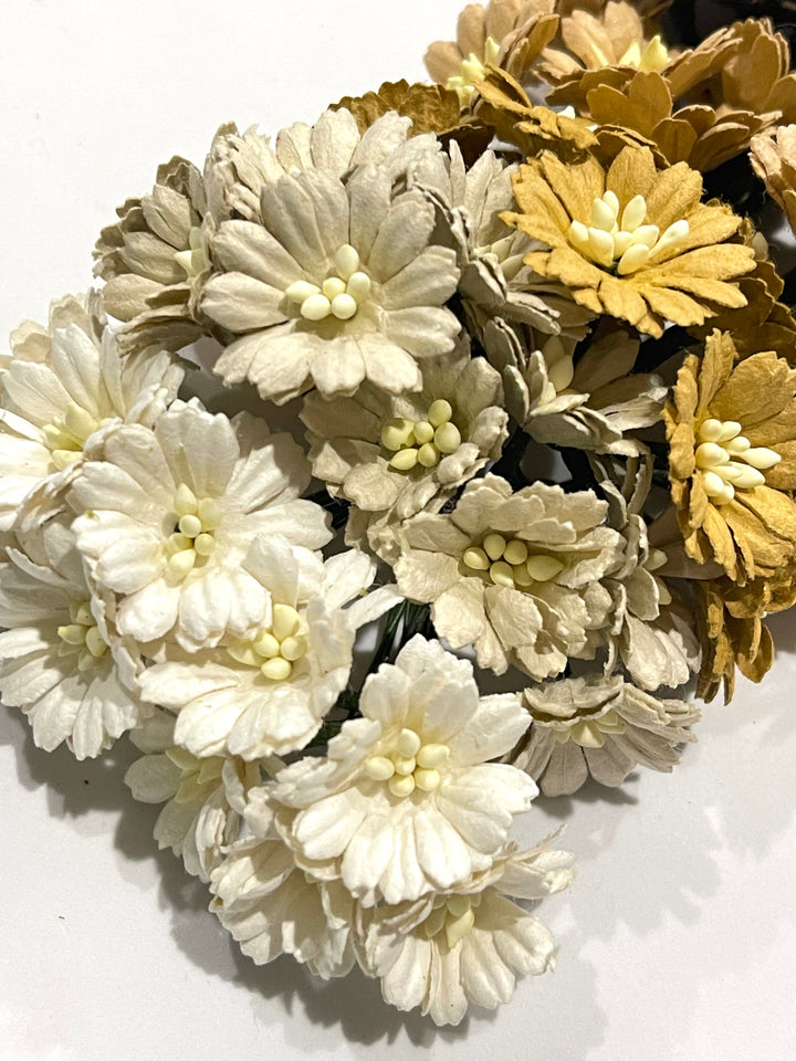 25 pcs Brown and White Mix Cosmos Daisies Mulberry Paper Flowers - 25mm
