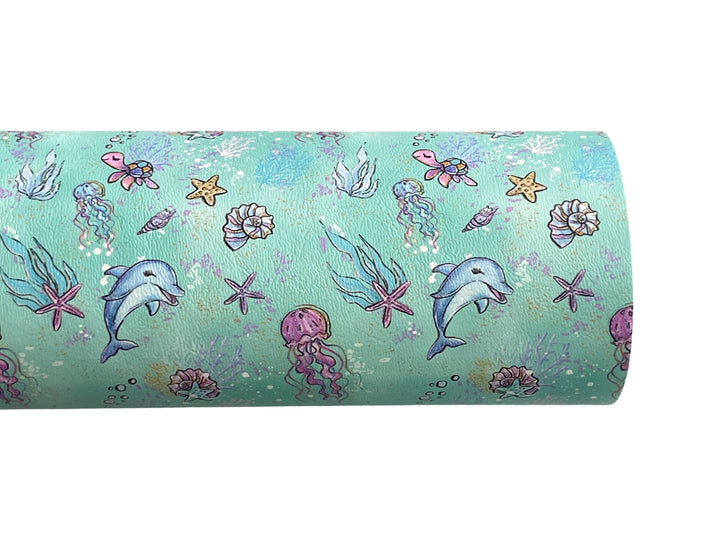 Underwater Wonderland Leatherette in Mint - Locally Printed Faux Leather