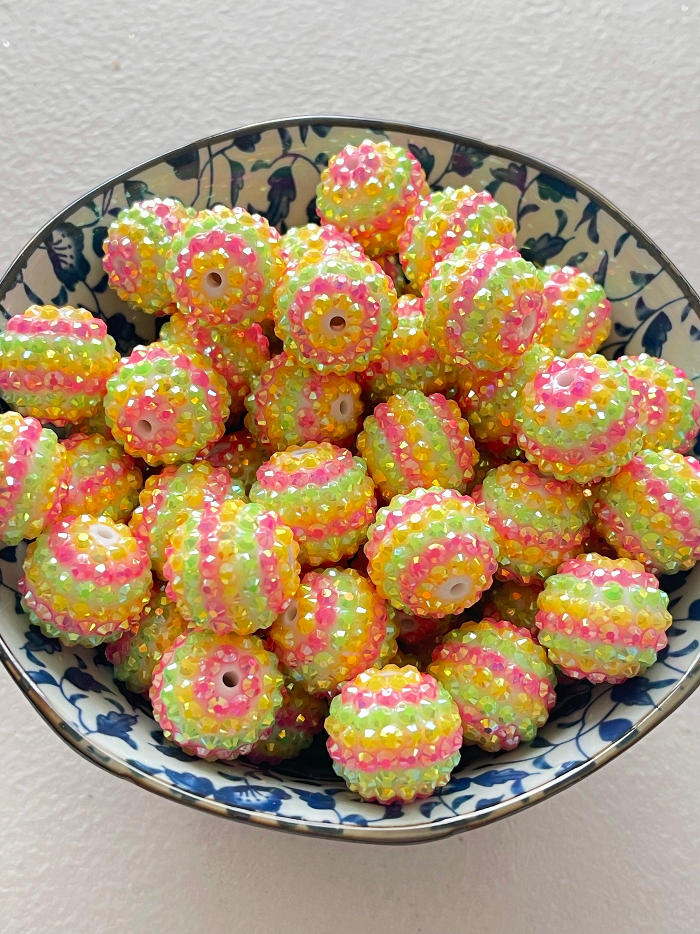 Pink Yellow and Green Stripe Rhinestone 20mm Bubblegum Beads