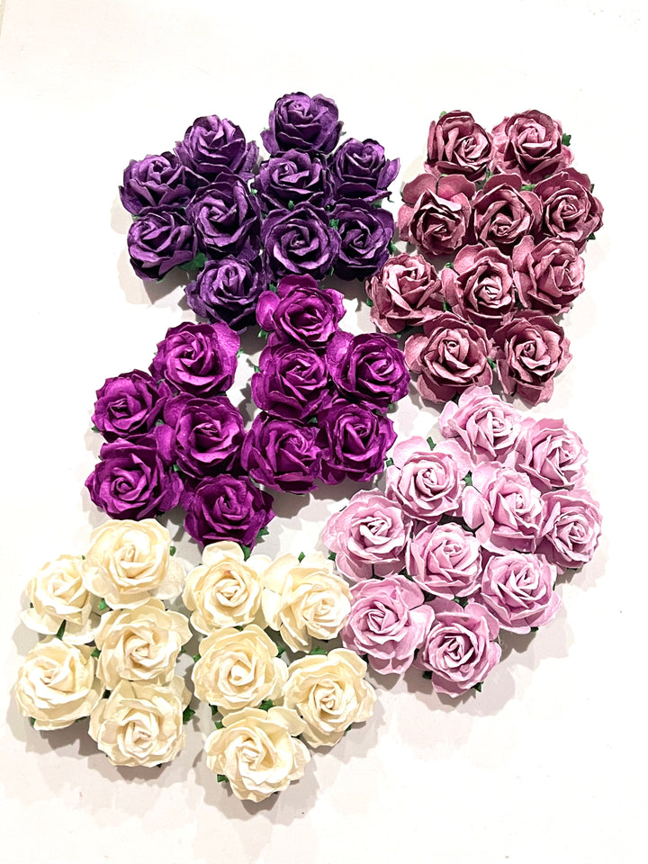 50 Pack 30mm Mixed Purple Lilac Wild Roses Mulberry Paper Roses (10 Colours, 5 Stem per colour)