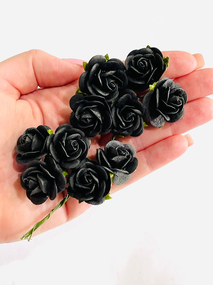 10 pièces - Fleurs en papier de mûrier - Roses à pétales arrondis de 2,5 cm - Noir 