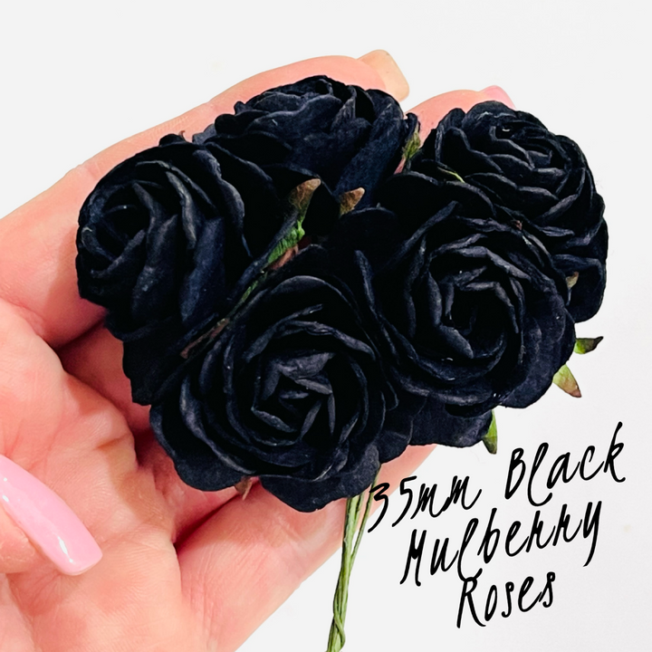 Roses en papier de mûrier noir 35 mm - Lots de 5
