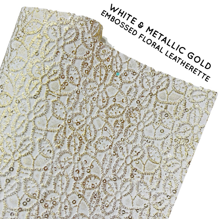 White and Metallic Gold Floral Embossed Faux Leather