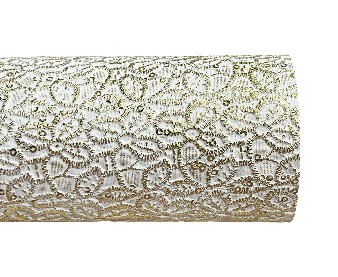 White and Metallic Gold Floral Embossed Faux Leather