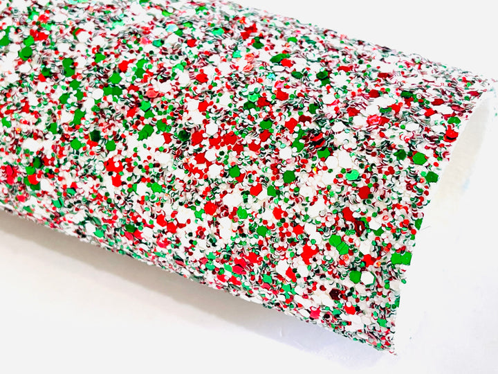 Feuille de tissu à grosses paillettes de neige de Noël - Blanc, rouge et vert