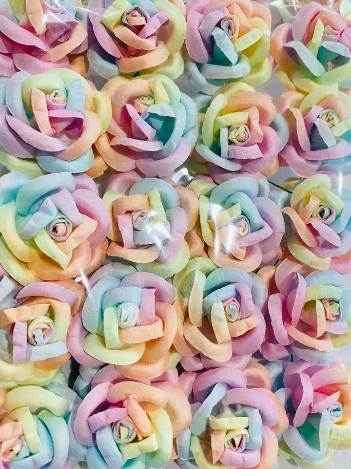 Roses à pétales arrondis arc-en-ciel pastel, fleurs en papier de mûrier, 5cm