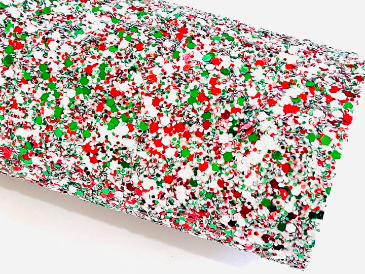 Feuille de tissu à grosses paillettes de neige de Noël - Blanc, rouge et vert