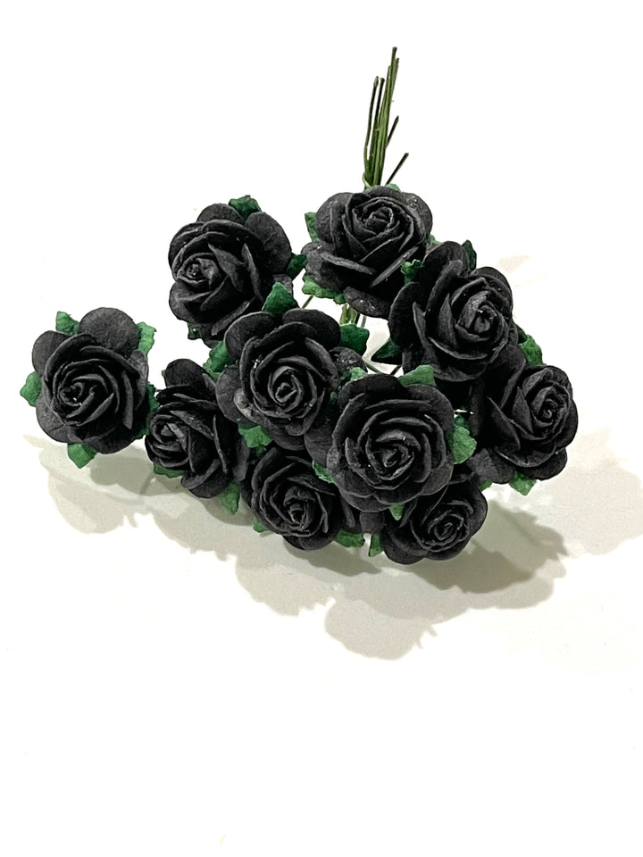 2cm Black Mulberry Paper Flowers -  Rounded Petal Roses - Black