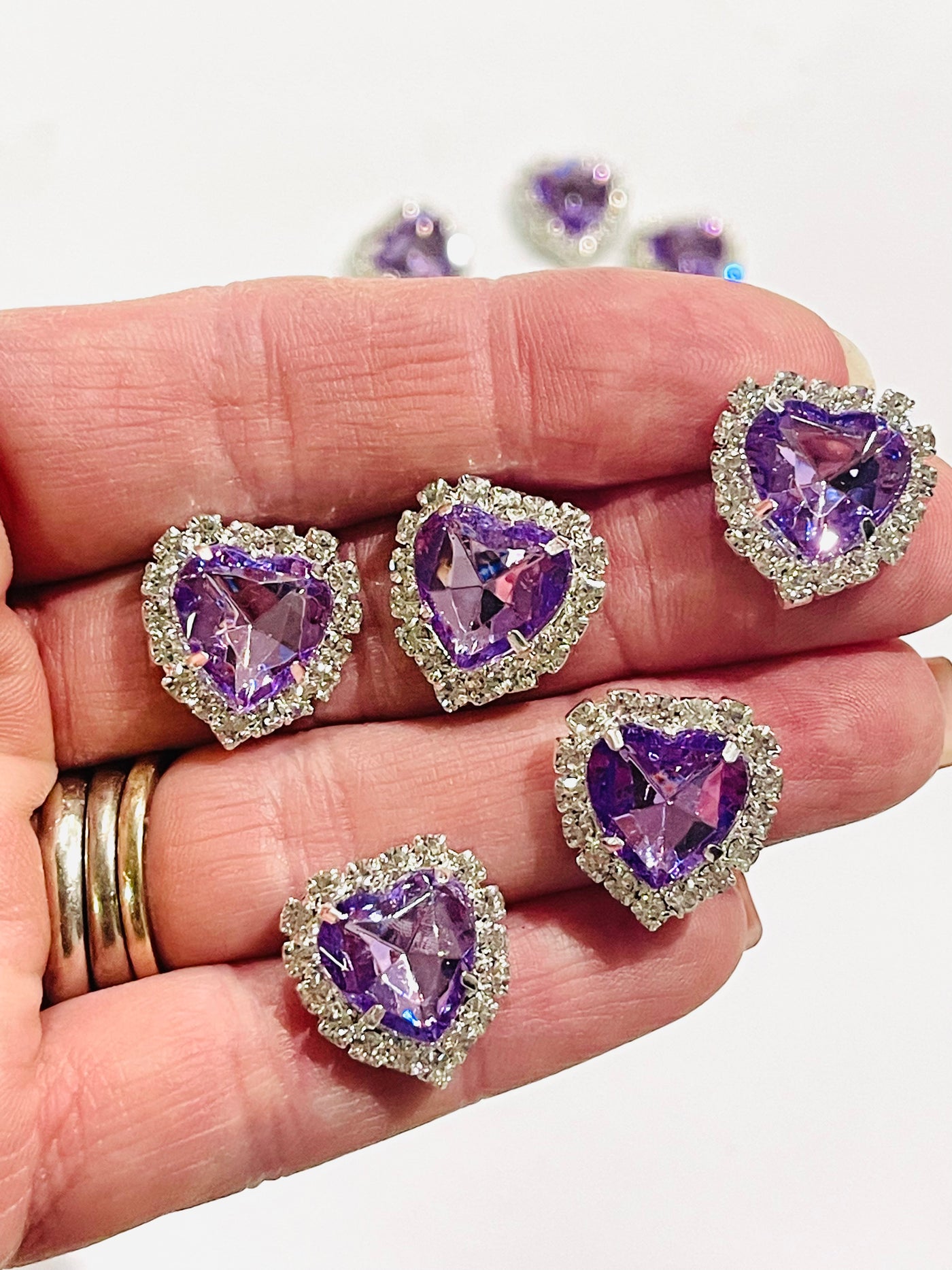 5 x Heart Shaped Rhinestone Flatback Embellishments with Silver Claw Setting- Ameythst