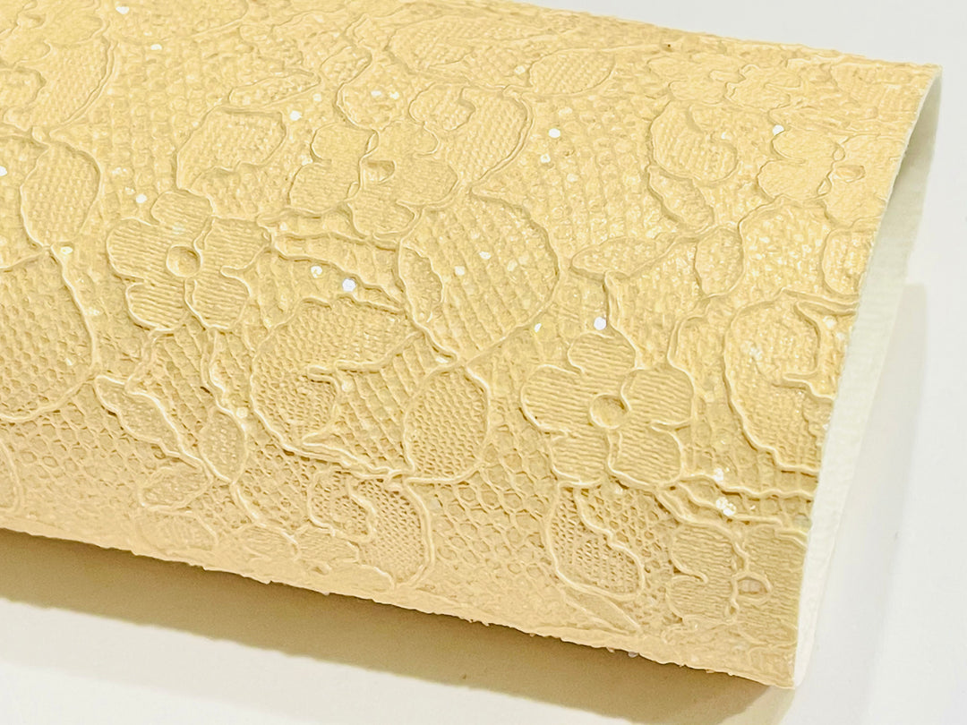 Buttercup Yellow Floral Glitter Lace Fabric Sheet
