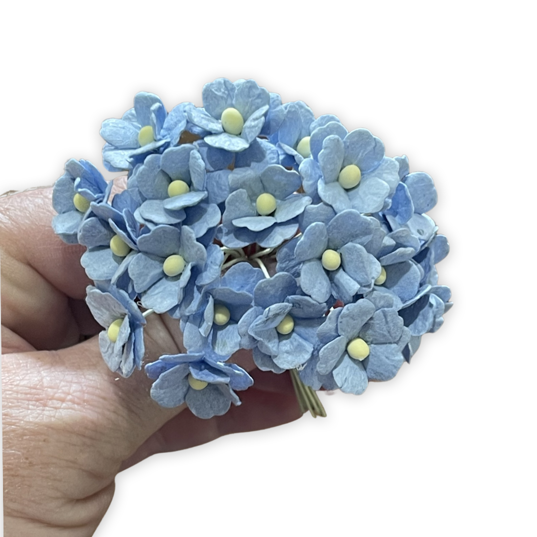 10 Pcs Mulberry Paper Flowers 1-2cm Cherry Blossoms - Soft Blue