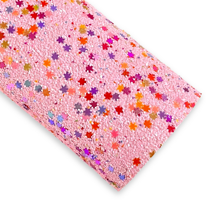 Tissu pailleté avec des flocons de neige roses