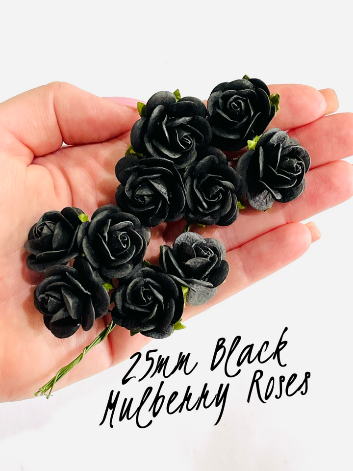 10 pièces - Fleurs en papier de mûrier - Roses à pétales arrondis de 2,5 cm - Noir 