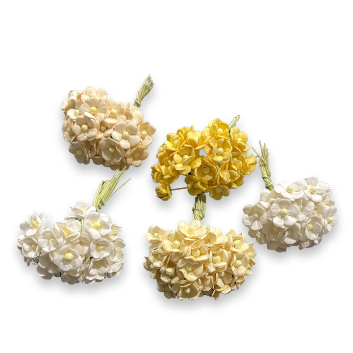 Papier de mûrier à fleurs de chérie blanc/jaune, mélange miniature de 10 mm (paquet de 5 couleurs, 100 tiges)