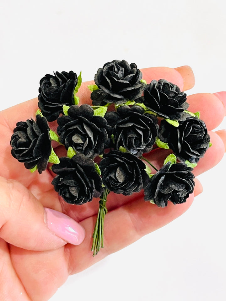 10 pièces/50 pièces-fleurs en papier de mûrier-Roses à pétales arrondis de 2cm-noir 