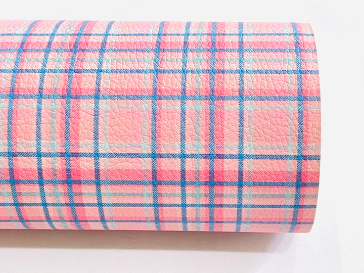 Pink Blue Plaid Print Faux Leatherette