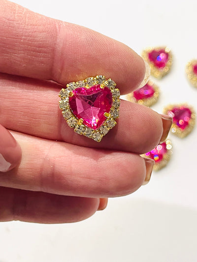 5 x Heart Shaped Rhinestone Flatback Embellishments with Gold Claw Setting - Pink Garnet