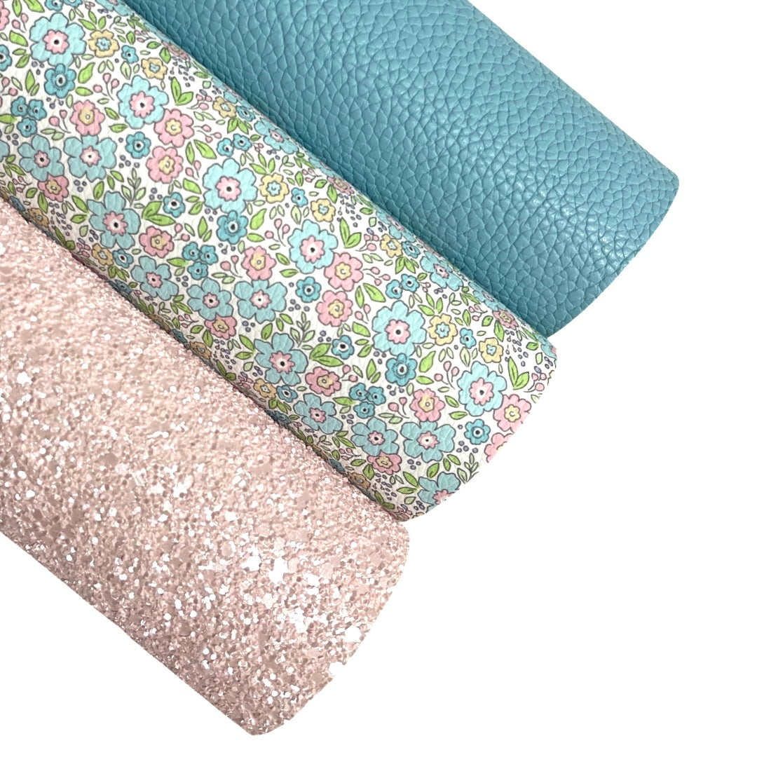 Soft Blue & Baby Pink Floral Print Leatherette