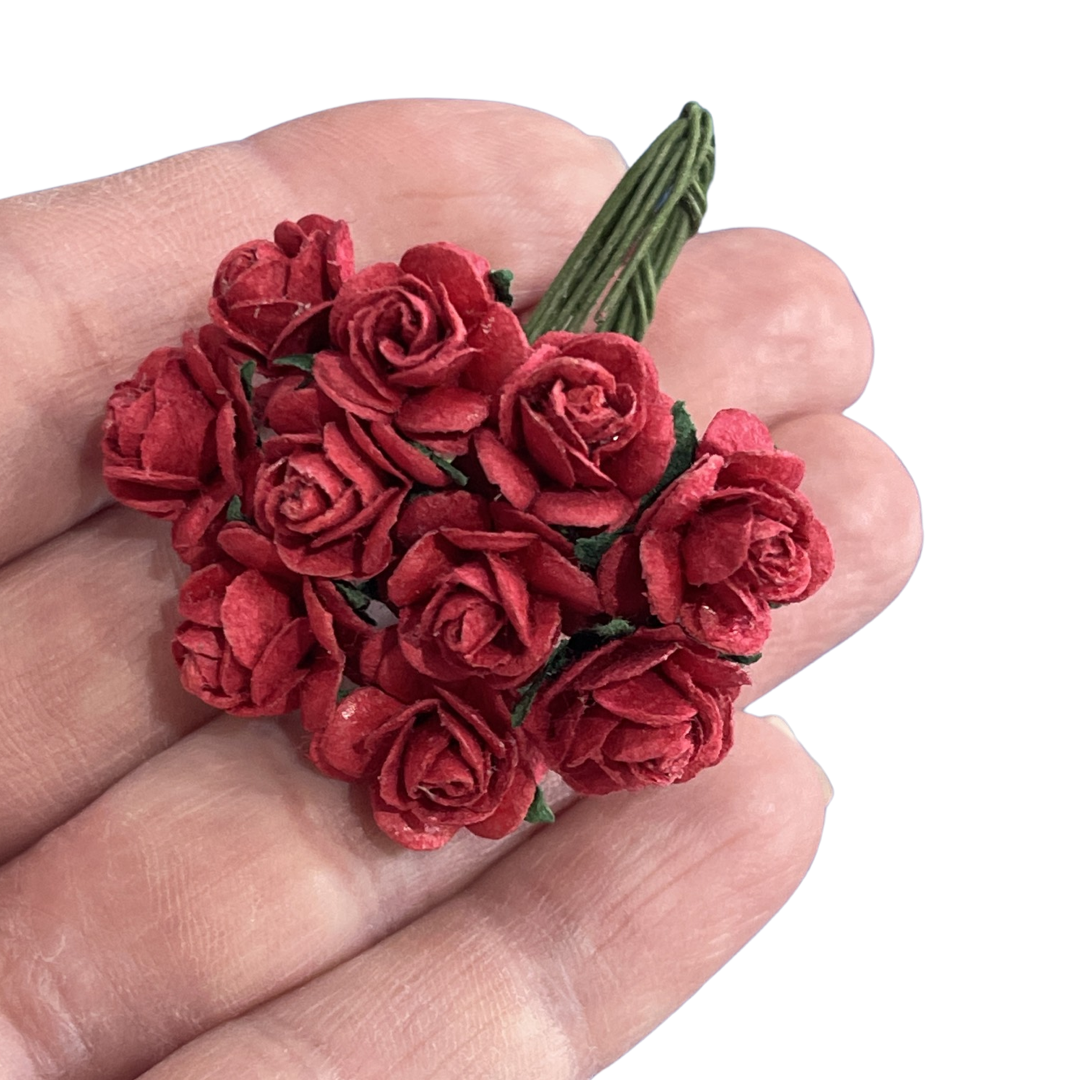10 Pcs - Mulberry Paper Flowers - 1.5cm Rounded Petal Roses - Ruby Red